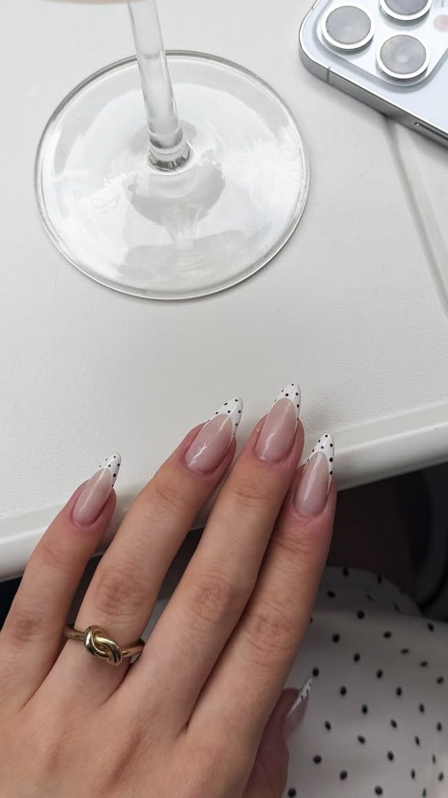 Medium Almond Nude French With Black Dots, Glossy Medium Almond Nude French With Black Dots, Glossy — Best Cute Almond Nails