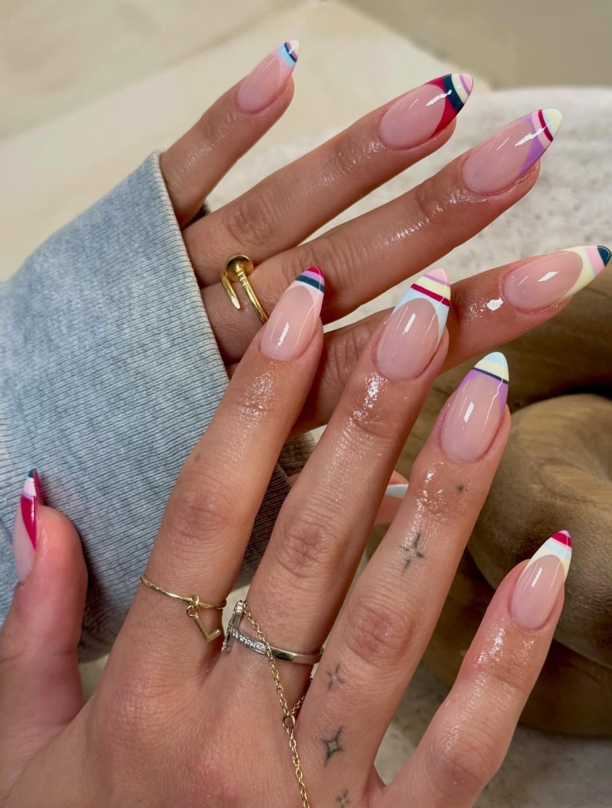 Medium Almond Pink With Striped French Tips Medium Almond Pink With Striped French Tips — Best Cute Almond Nails