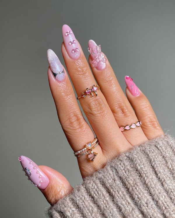 Long Almond Pink With 3D Bows And Pearls Long Almond Pink With 3D Bows And Pearls — Best Cute Almond Nails