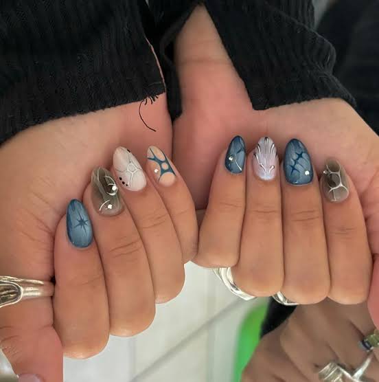 Medium Almond Abstract Blue Grey Nude Medium Almond Abstract Blue Grey Nude — Best Cute Almond Nails