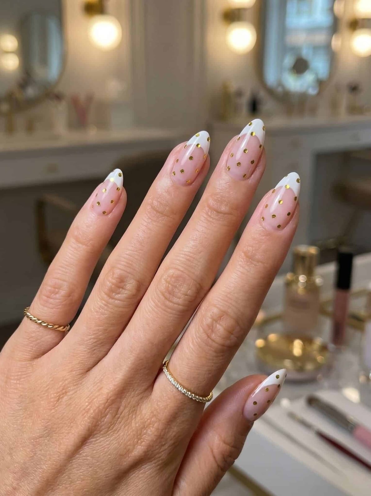 Long Almond Clear French With Gold Dots Long Almond Clear French With Gold Dots — Best Cute Almond Nails