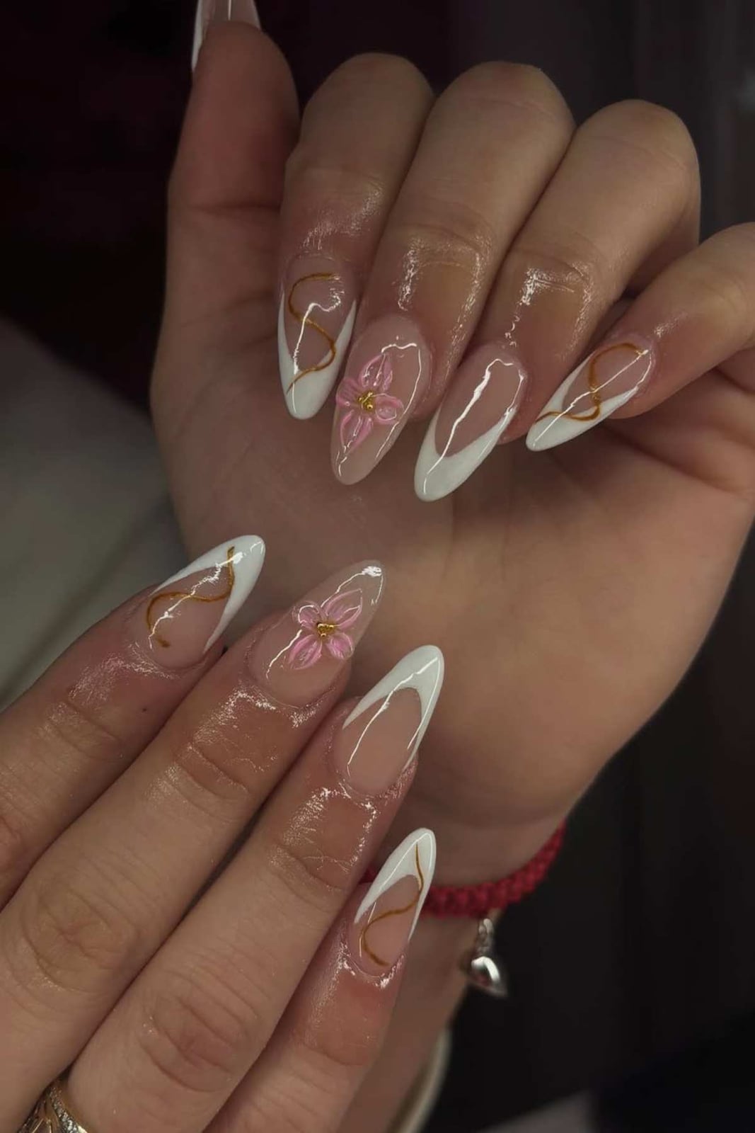 Long Almond French Gold Swirls 3D Flowers Long Almond French Gold Swirls 3D Flowers — Best Cute Almond Nails