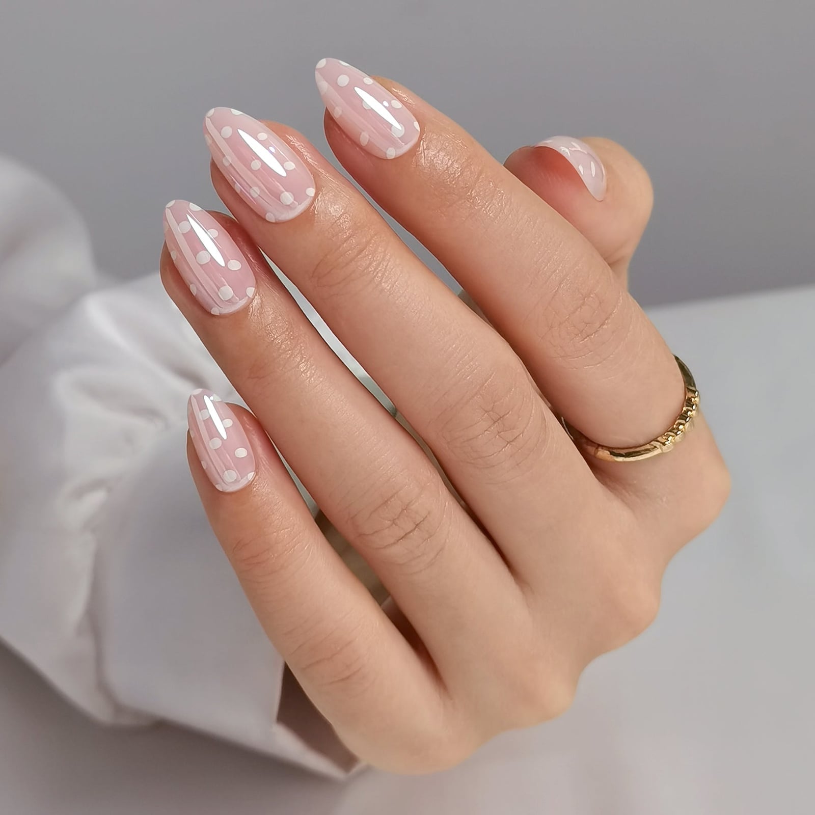 Medium Almond Pink With White Dots And Lines Medium Almond Pink With White Dots And Lines — Best Cute Almond Nails