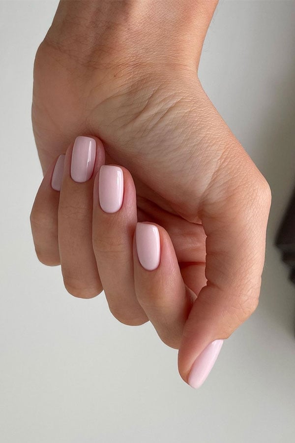 Milky Pink Glossy Short Square Nails, Close-Up Take Milky Pink Glossy Short Square Nails, Close-Up Take — Best Simple Short Nails