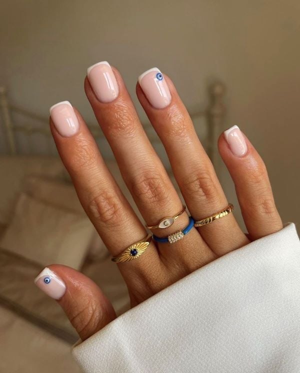 Nude French Tip Evil Eye Short Square Nails Nude French Tip Evil Eye Short Square Nails — Best Simple Short Nails