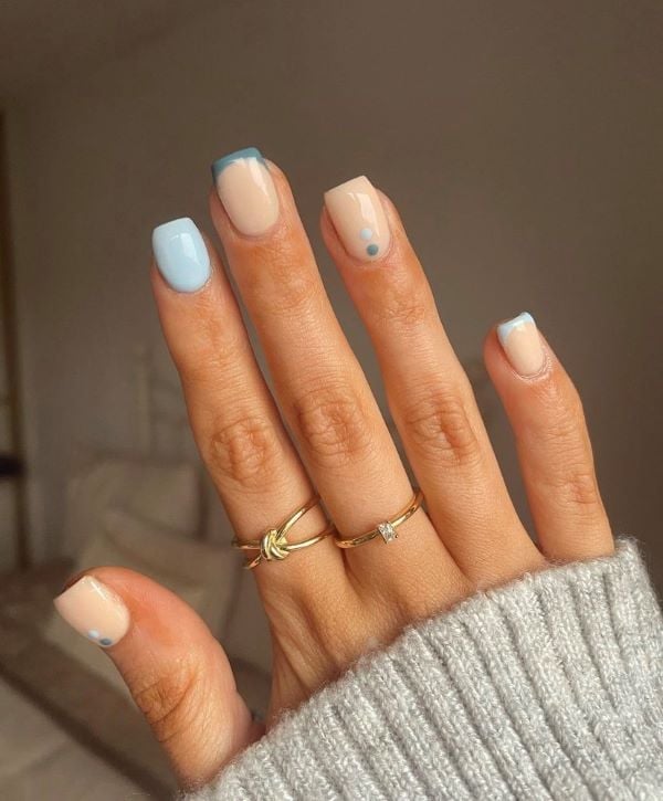 Nude Light Blue Dot and French Tip Short Square Nails Nude Light Blue Dot and French Tip Short Square Nails — Best Simple Short Nails