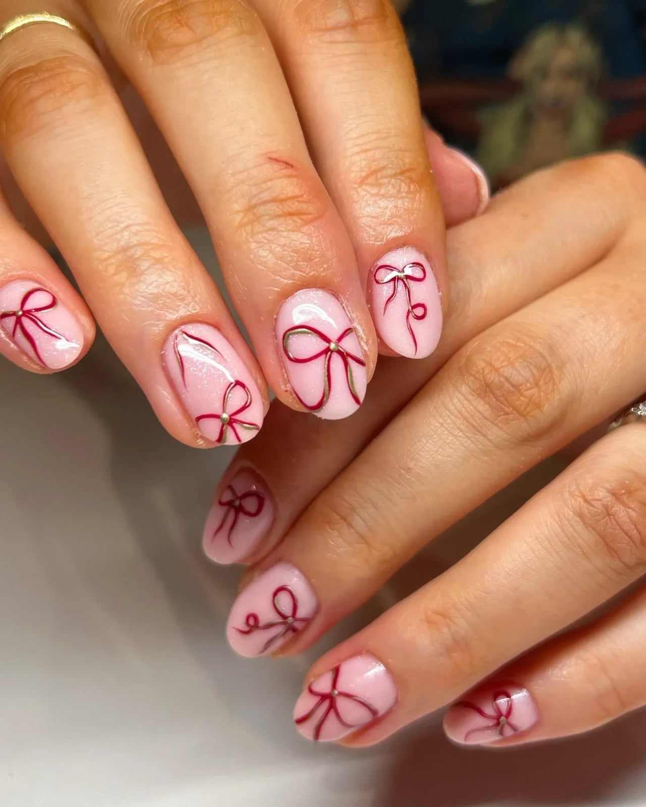 Pale Pink Bow Design Short Oval Nails Pale Pink Bow Design Short Oval Nails — Best Simple Short Nails