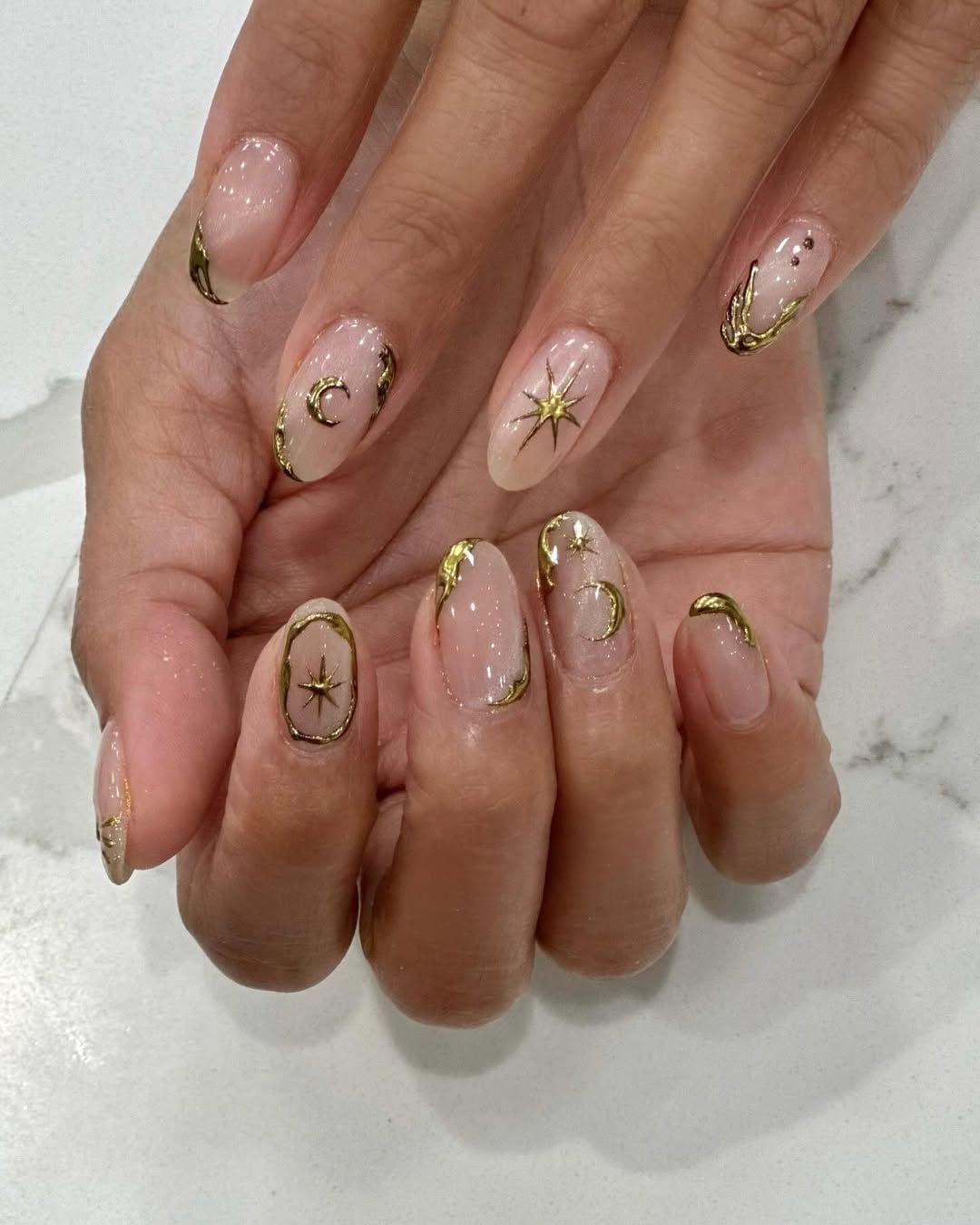 Gold Celestial Sheer Nude Short Oval Nails Gold Celestial Sheer Nude Short Oval Nails — Best Unique Nails
