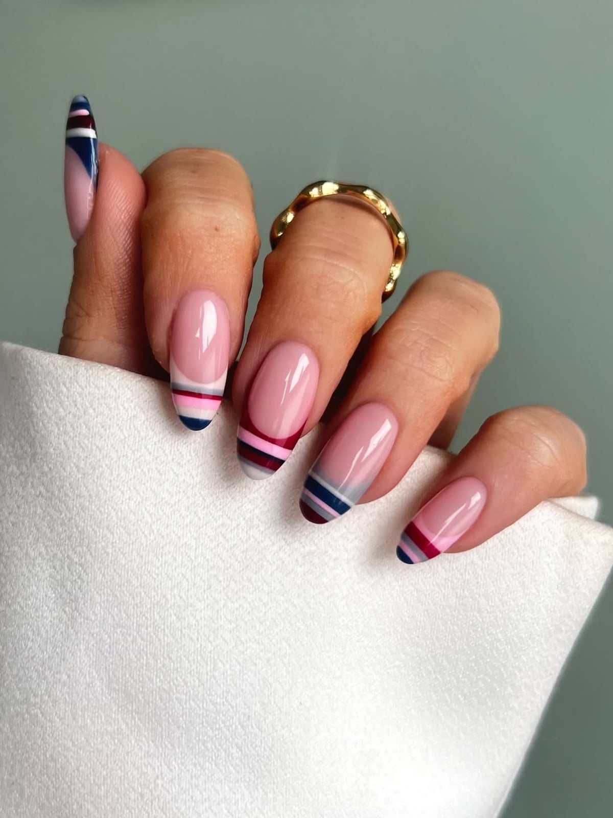 Striped Multi-Color French Medium Almond Nails Striped Multi-Color French Medium Almond Nails — Best Unique Nails