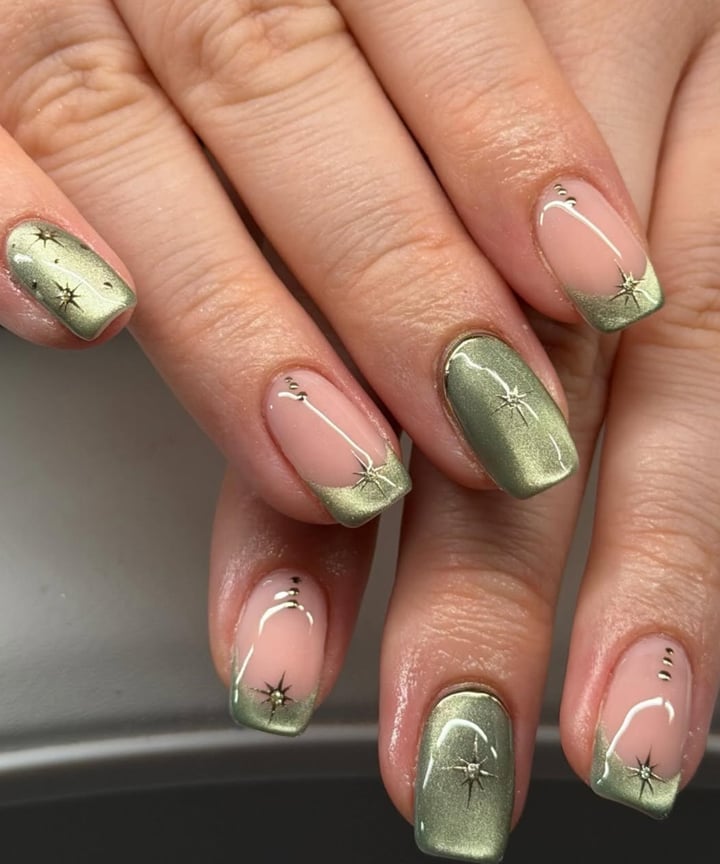 Metallic Olive Green French With Starburst Medium Oval Nails Metallic Olive Green French With Starburst Medium Oval Nails — Best Unique Nails