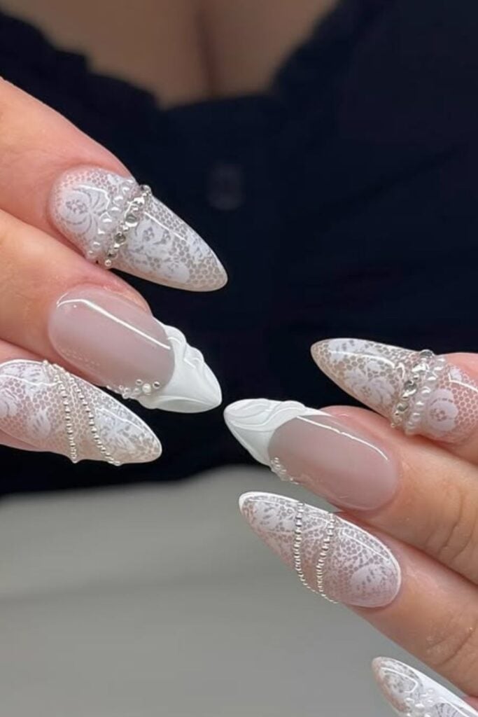 White Lace French Long Almond Bridal Nails White Lace French Long Almond Bridal Nails — Best Unique Nails