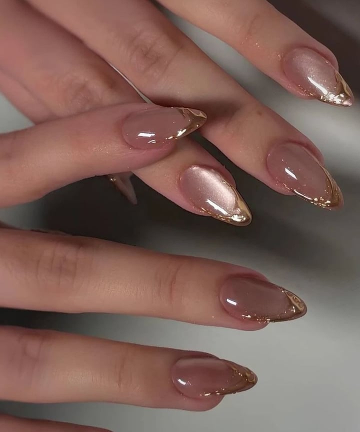 Sheer Nude Cat-Eye With Gold French Long Almond Nails Sheer Nude Cat-Eye With Gold French Long Almond Nails — Best Unique Nails