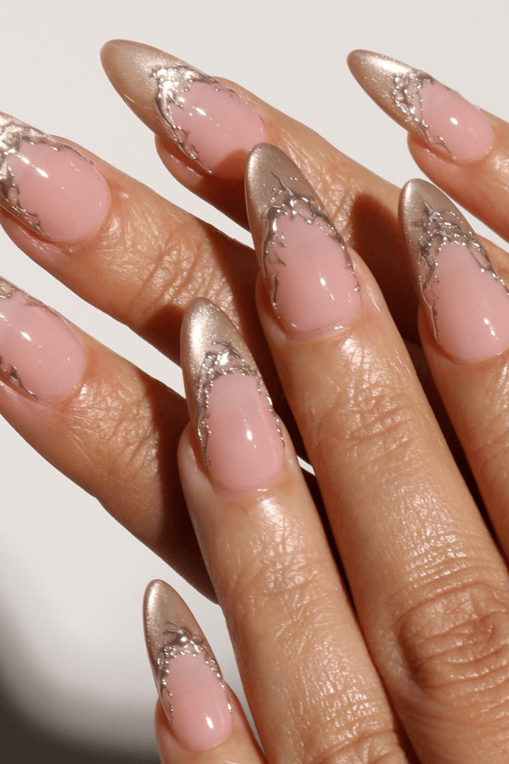 Metallic Silver Lace French Long Stiletto Nails Metallic Silver Lace French Long Stiletto Nails — Best Unique Nails