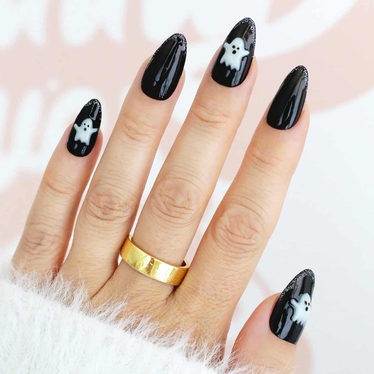 Medium Almond Black Nails With Glitter Tips, Glossy Medium Almond Black Nails With Glitter Tips, Glossy — Black Nails Art Ideas