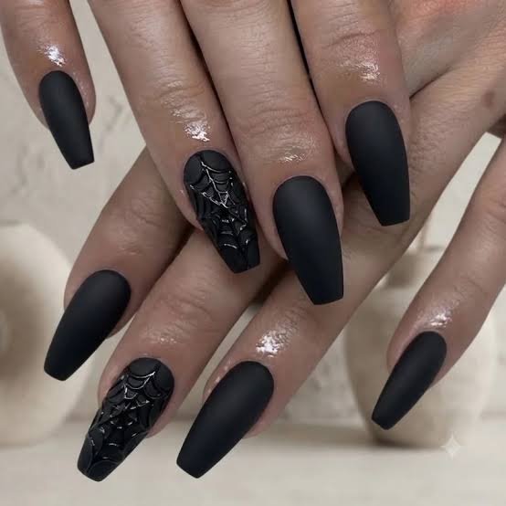 Long Coffin Nails With Matte Black 3D Spiderwebs, Close-Up Take Long Coffin Nails With Matte Black 3D Spiderwebs, Close-Up Take — Black Nails Art Ideas
