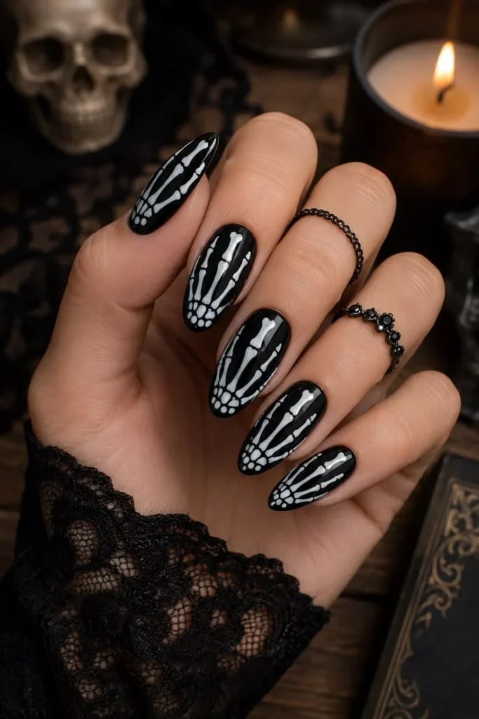 Long Almond Nails With White Skeleton Print Long Almond Nails With White Skeleton Print — Black Nails Art Ideas