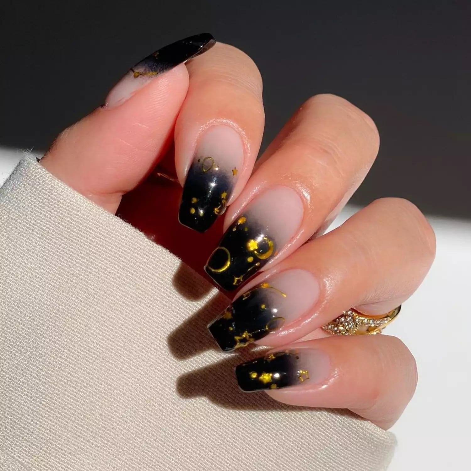 Long Coffin Ombre With Celestial Gold Accents Long Coffin Ombre With Celestial Gold Accents — Black Nails Art Ideas