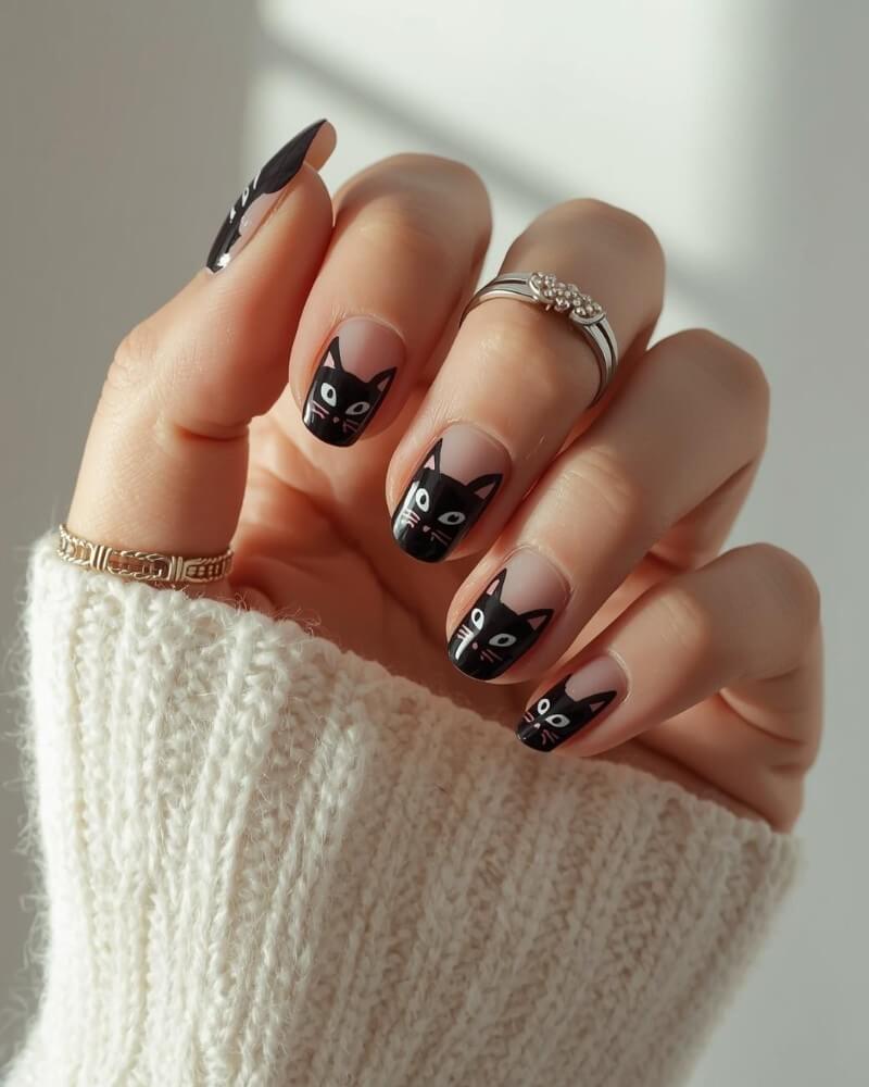 Medium Square Nails With Black Cat Faces Medium Square Nails With Black Cat Faces — Black Nails Art Ideas