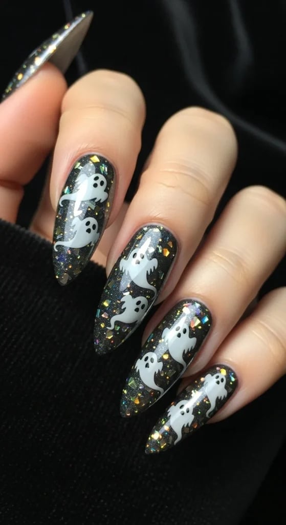 Long Almond Nails With Black Glitter And Ghosts Long Almond Nails With Black Glitter And Ghosts — Black Nails Art Ideas