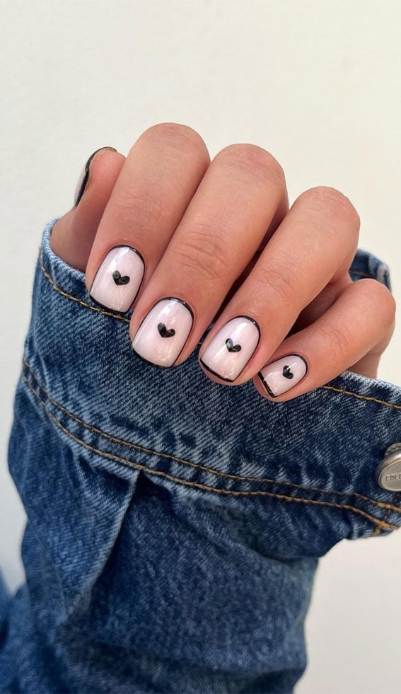 Short Square Nails With Black Hearts Short Square Nails With Black Hearts — Black Nails Art Ideas