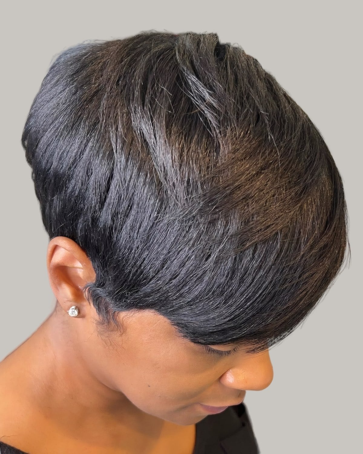 Textured Pixie With Side-Swept Bangs, Close-Up Take — Black Wig Ideas