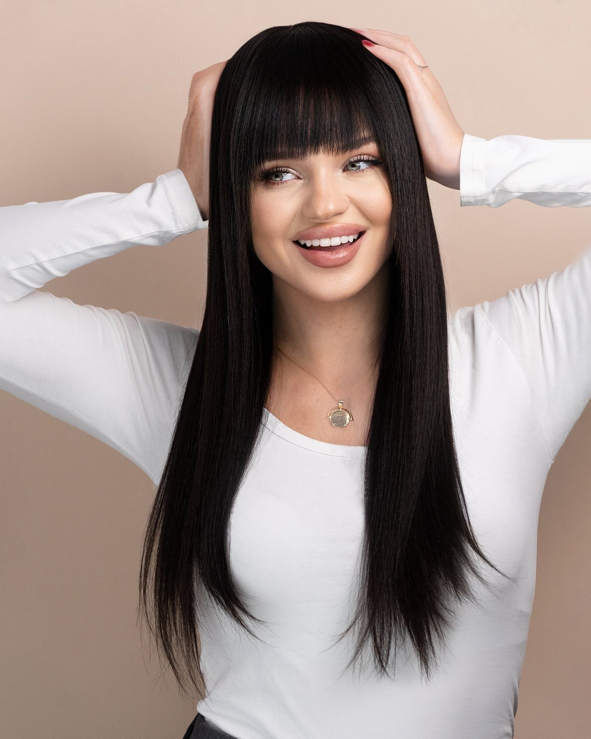 Mid-Back Layers With Blunt Bangs, Straight — Black Wig Ideas