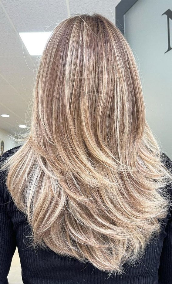 Mid-Back Layered Blowout With Blonde Highlights — Blonde Highlights Hair Inspiration