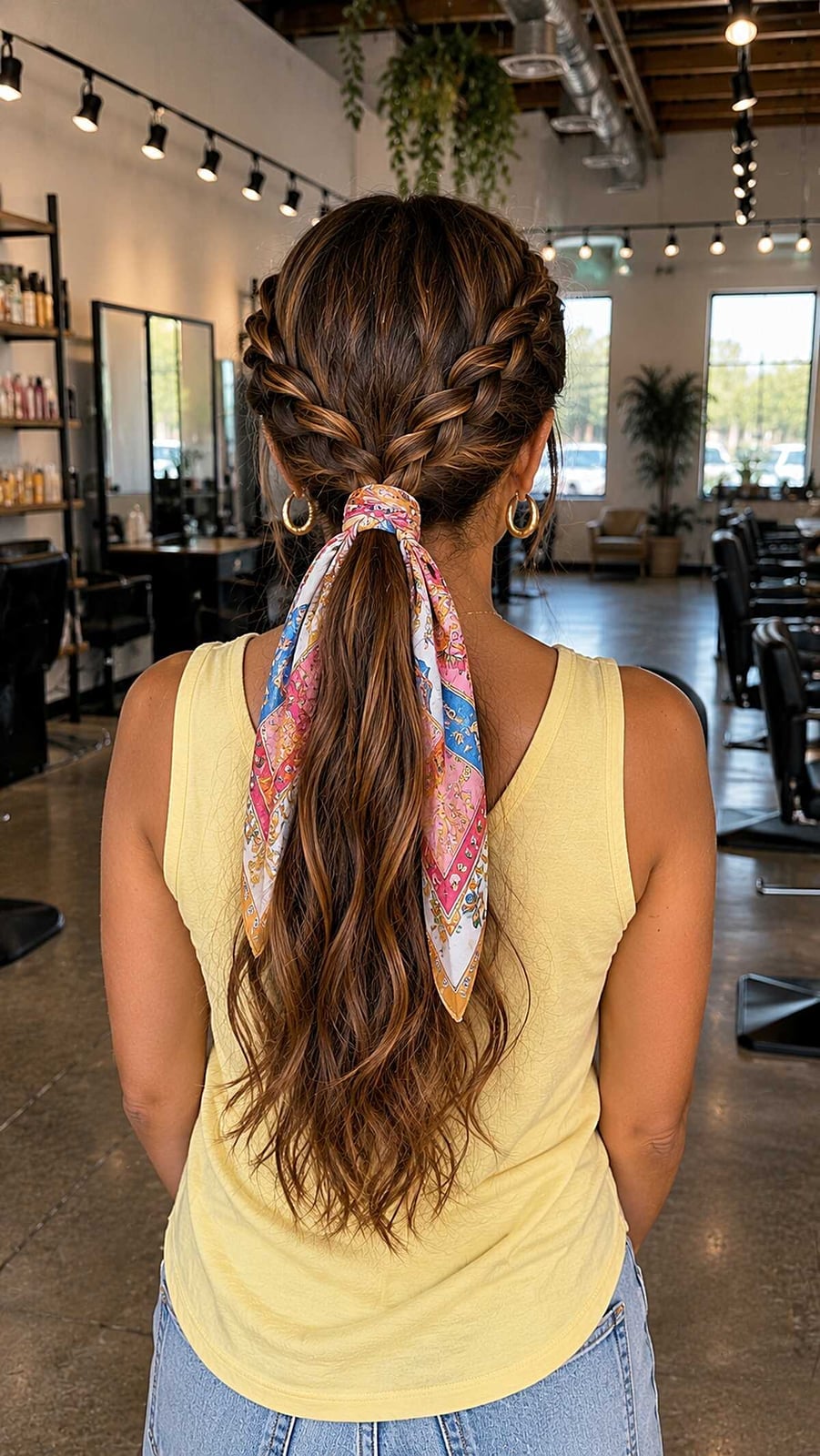 Mid-Back Two Braids with Ponytail and Scarf Mid-Back Two Braids with Ponytail and Scarf — Braids to the Back Ideas