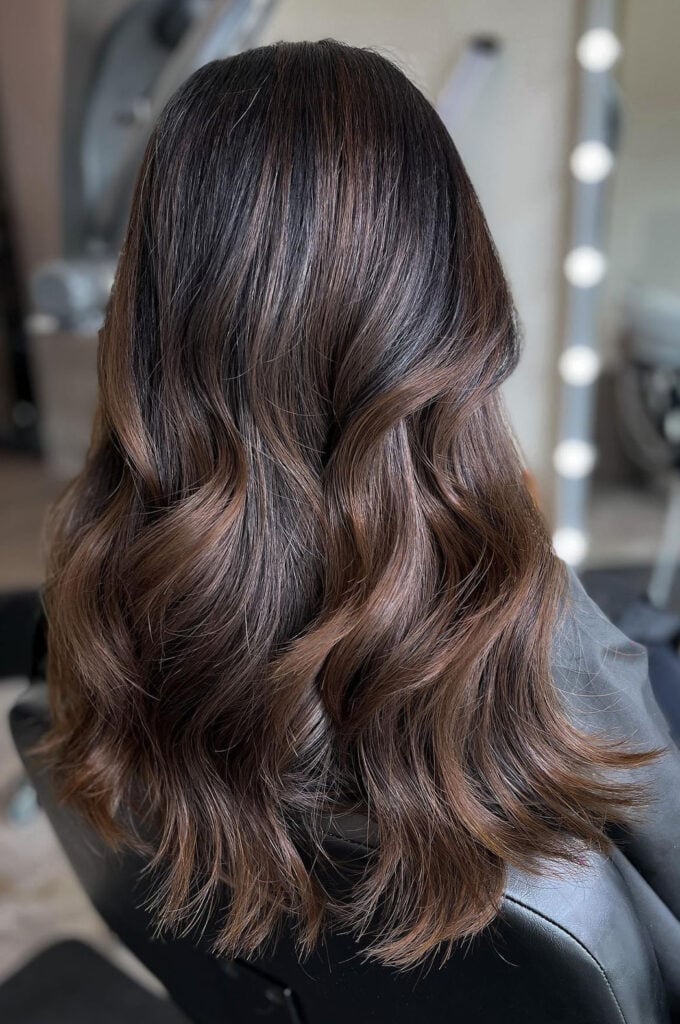 Dark Brown With Warm Caramel Balayage, Mid-Back — Brunette Hair Inspiration