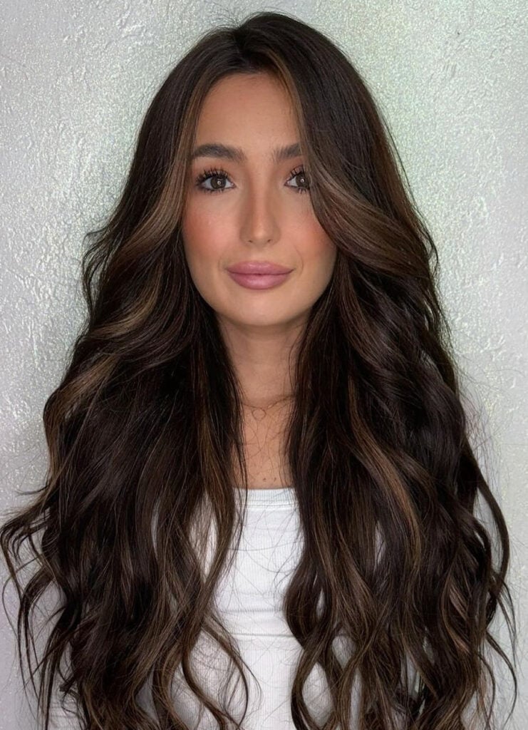 Espresso Brown With Caramel Highlights, Mid-Back — Brunette Hair Inspiration