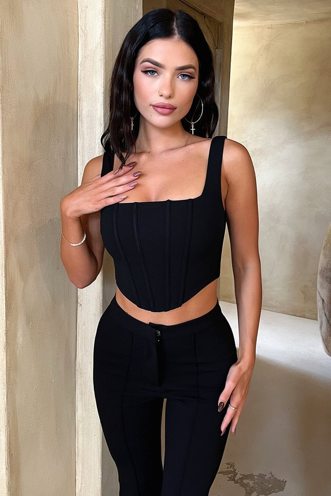Cropped Black Corset Top with Square Neckline Cropped Black Corset Top with Square Neckline — Chic Black Corset Outfit