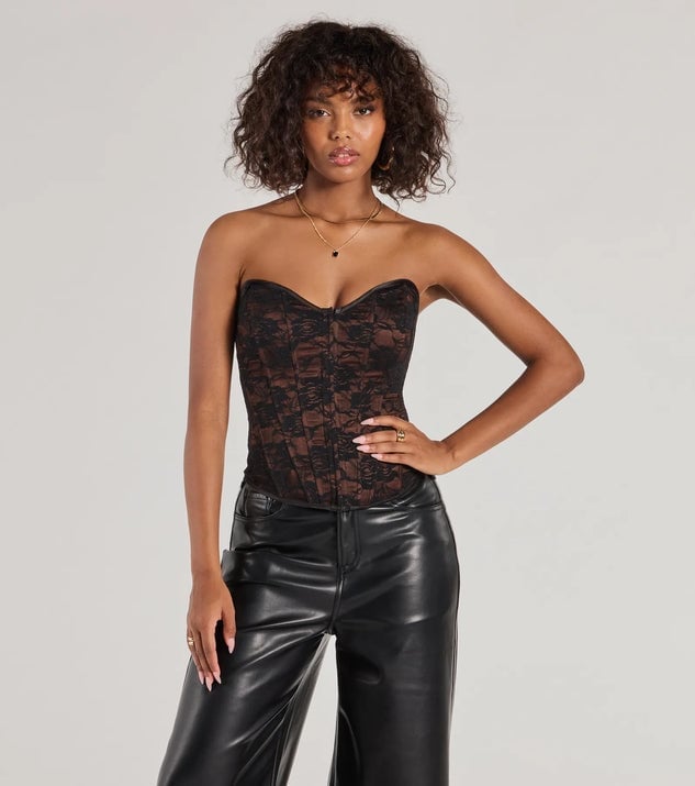 Black Lace Corset Top with Wide-Leg Leather Trousers Black Lace Corset Top with Wide-Leg Leather Trousers — Chic Black Corset Outfit
