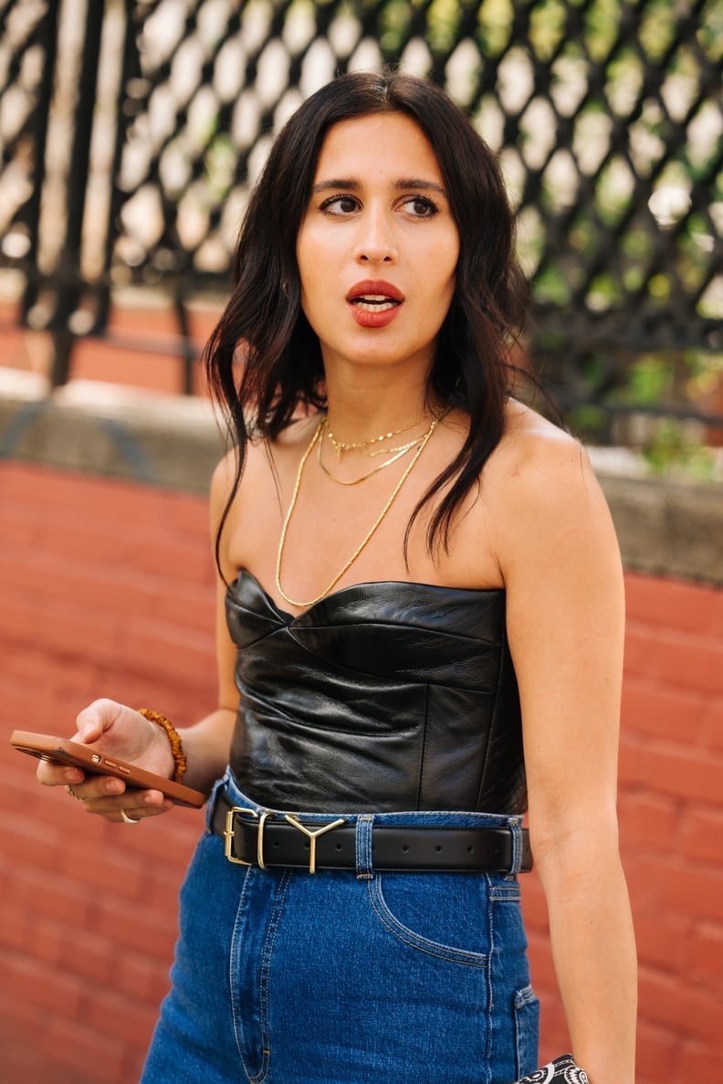 Black Leather Corset Top with Blue Denim Jeans Black Leather Corset Top with Blue Denim Jeans — Chic Black Corset Outfit