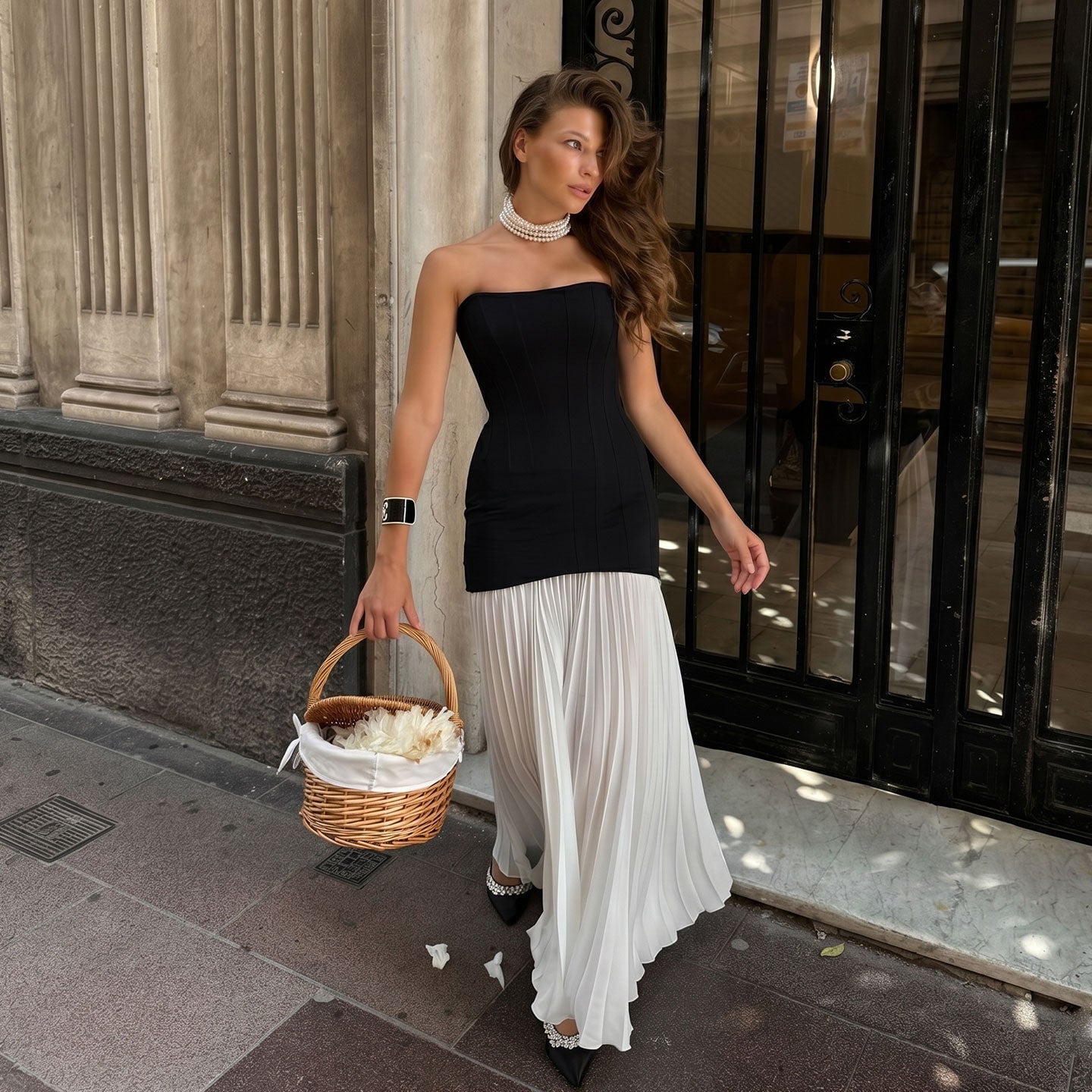 Strapless Black Corset Top with White Pleated Maxi Skirt Strapless Black Corset Top with White Pleated Maxi Skirt — Chic Black Corset Outfit