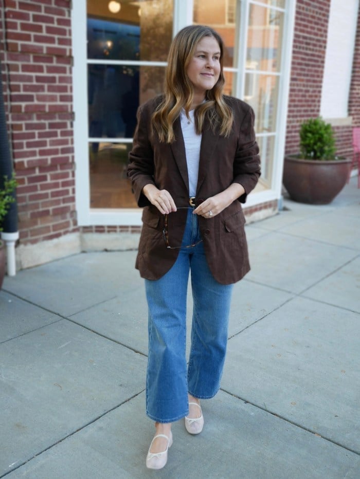 Brown Linen Blazer with Wide Jeans and Ballet Flats, Relaxed Brown Linen Blazer with Wide Jeans and Ballet Flats, Relaxed — Chic Brown Blazer Outfit