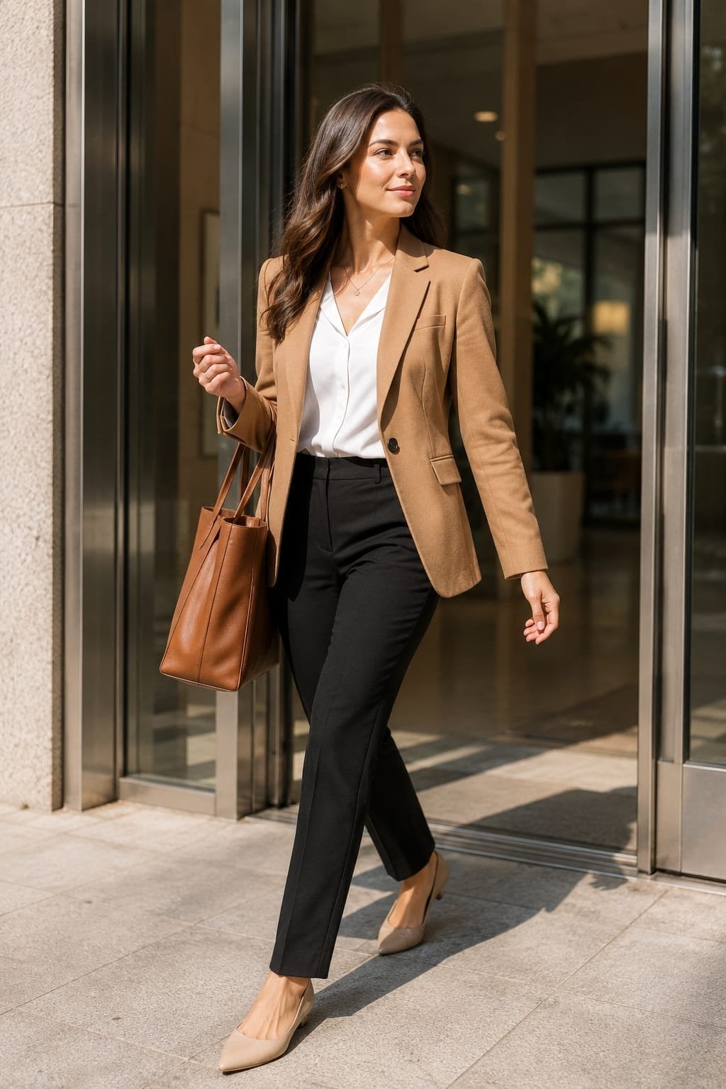 Classic Camel Blazer with White Blouse Classic Camel Blazer with White Blouse — Chic Brown Blazer Outfit