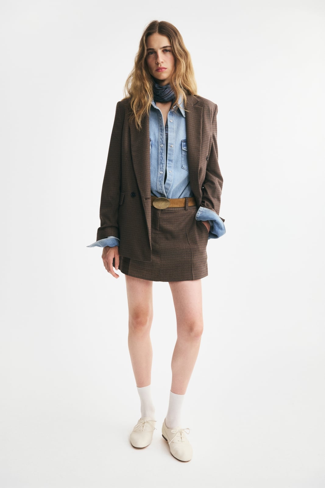 Plaid Blazer and Mini Skirt with Denim Shirt — Chic Femme Outfit