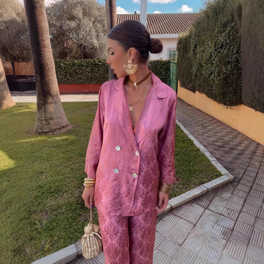 Pink Jacquard Matching Set with Blazer — Chic Femme Outfit