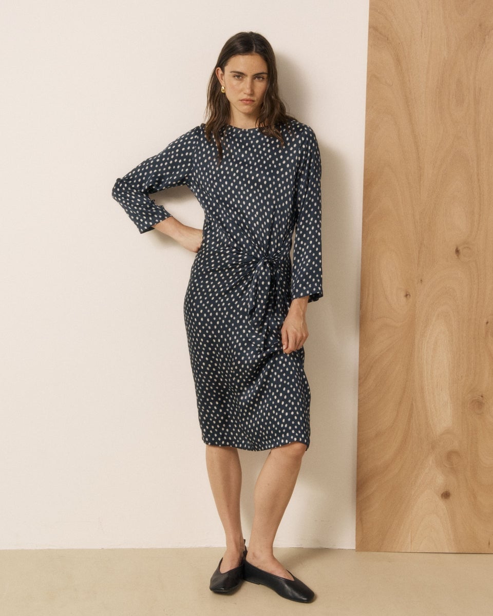 Navy Polka Dot Midi Dress with Tie Waist — Chic Femme Outfit
