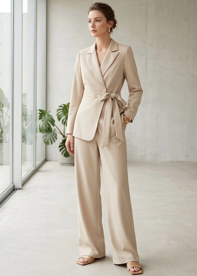 Belted Beige Pantsuit with Strappy Heels — Chic Femme Outfit