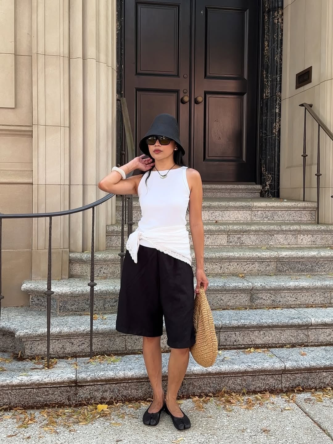 White Tank Top Wrap with Black Linen Shorts — Chic Femme Outfit