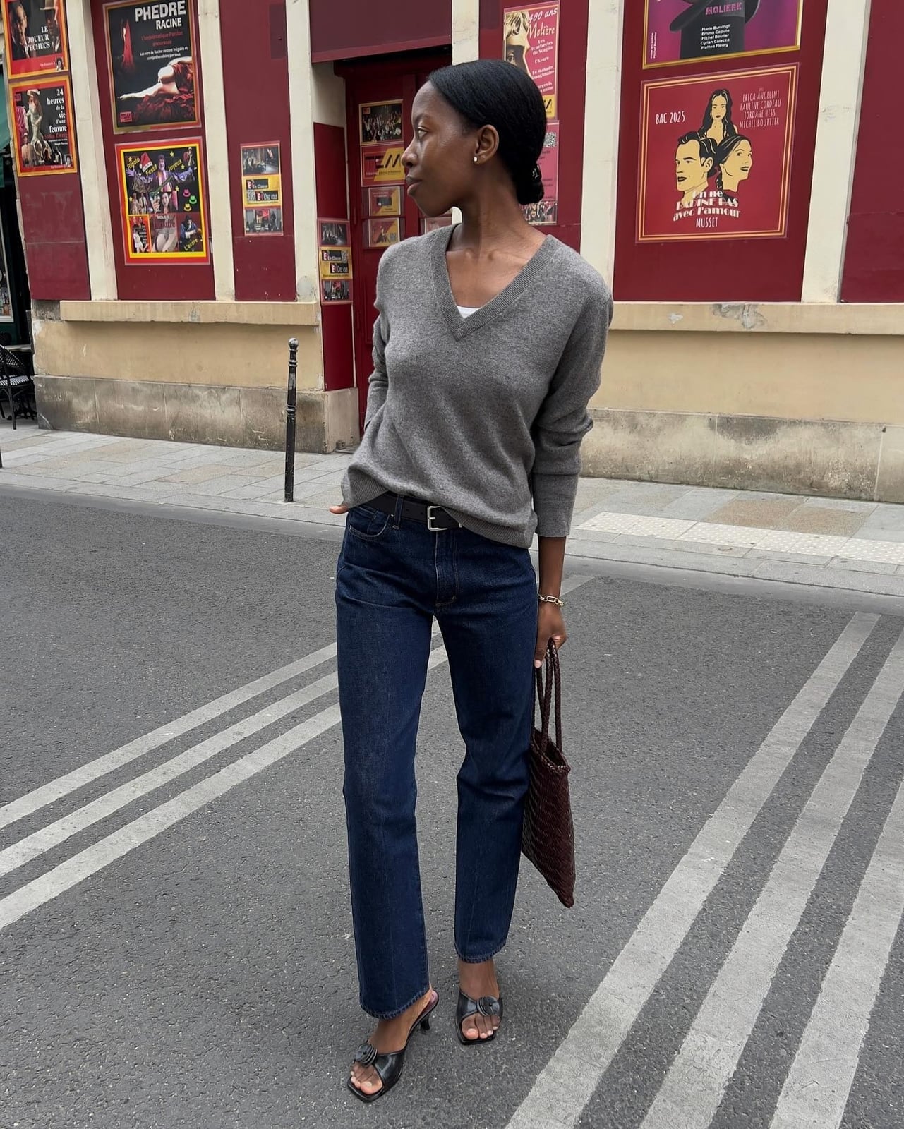 Grey Knit Sweater Over White Tank Top with Jeans — Chic Femme Outfit