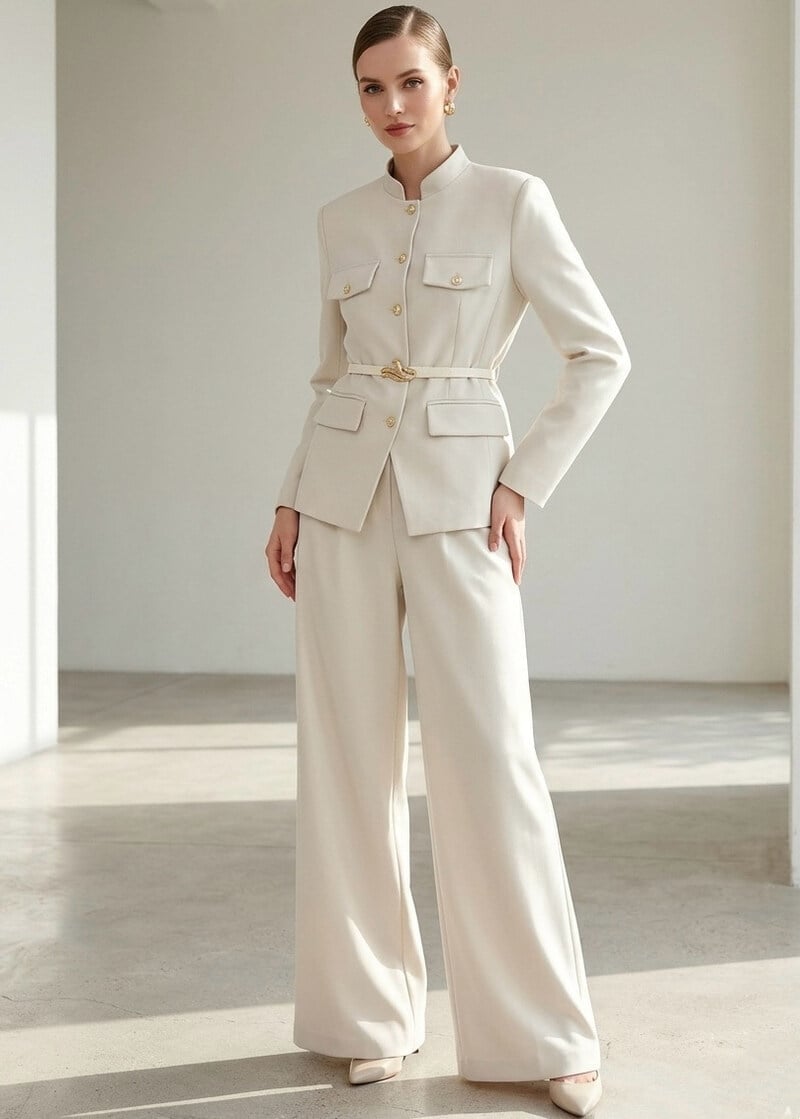 Off-White Pantsuit with Officer Collar — Chic Femme Outfit