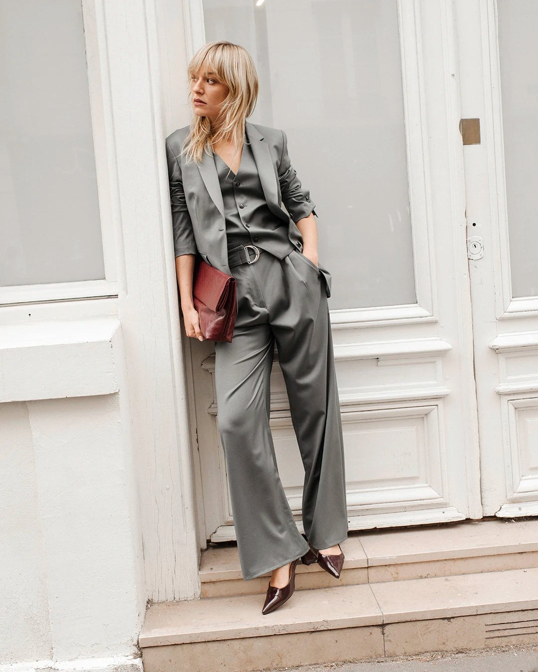 Grey Satin Suit with Wide-Leg Trousers — Chic Femme Outfit