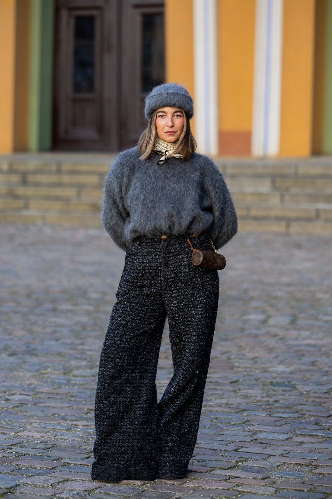 Fluffy Grey Sweater with Black Wide-Leg Trousers Fluffy Grey Sweater with Black Wide-Leg Trousers — Chic Style Inspo