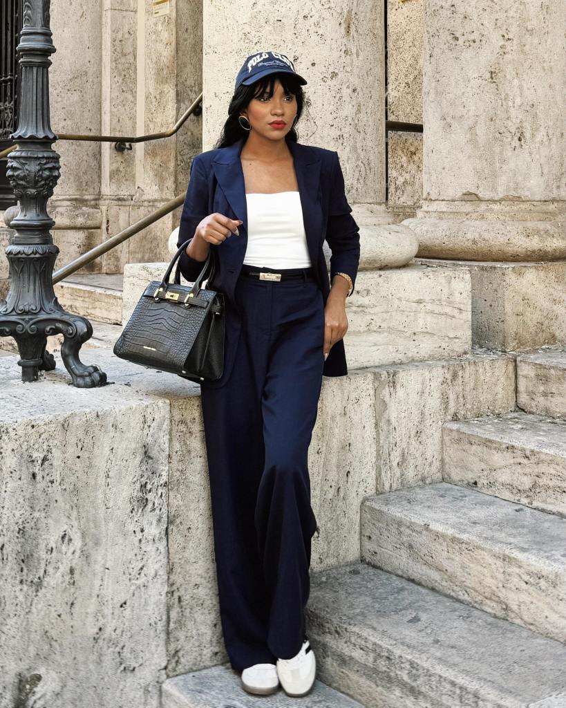 Navy Power Suit with White Tube Top and Sneakers Navy Power Suit with White Tube Top and Sneakers — Chic Style Inspo