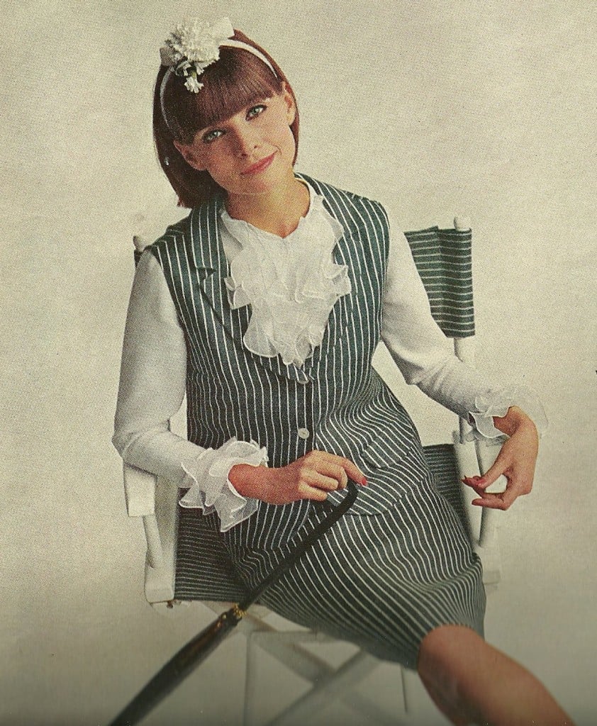 Pinstripe Vest Dress with Ruffled Blouse — Classy 60s Outfits