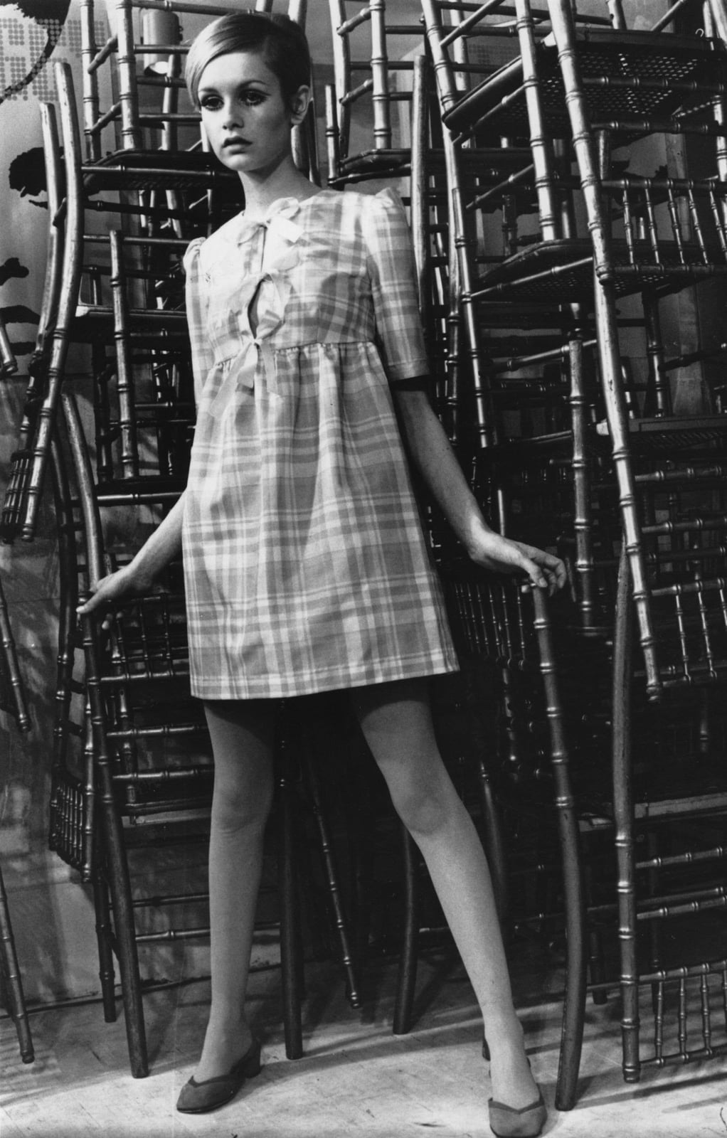 Plaid A-line Mini Dress with Ballet Flats — Classy 60s Outfits