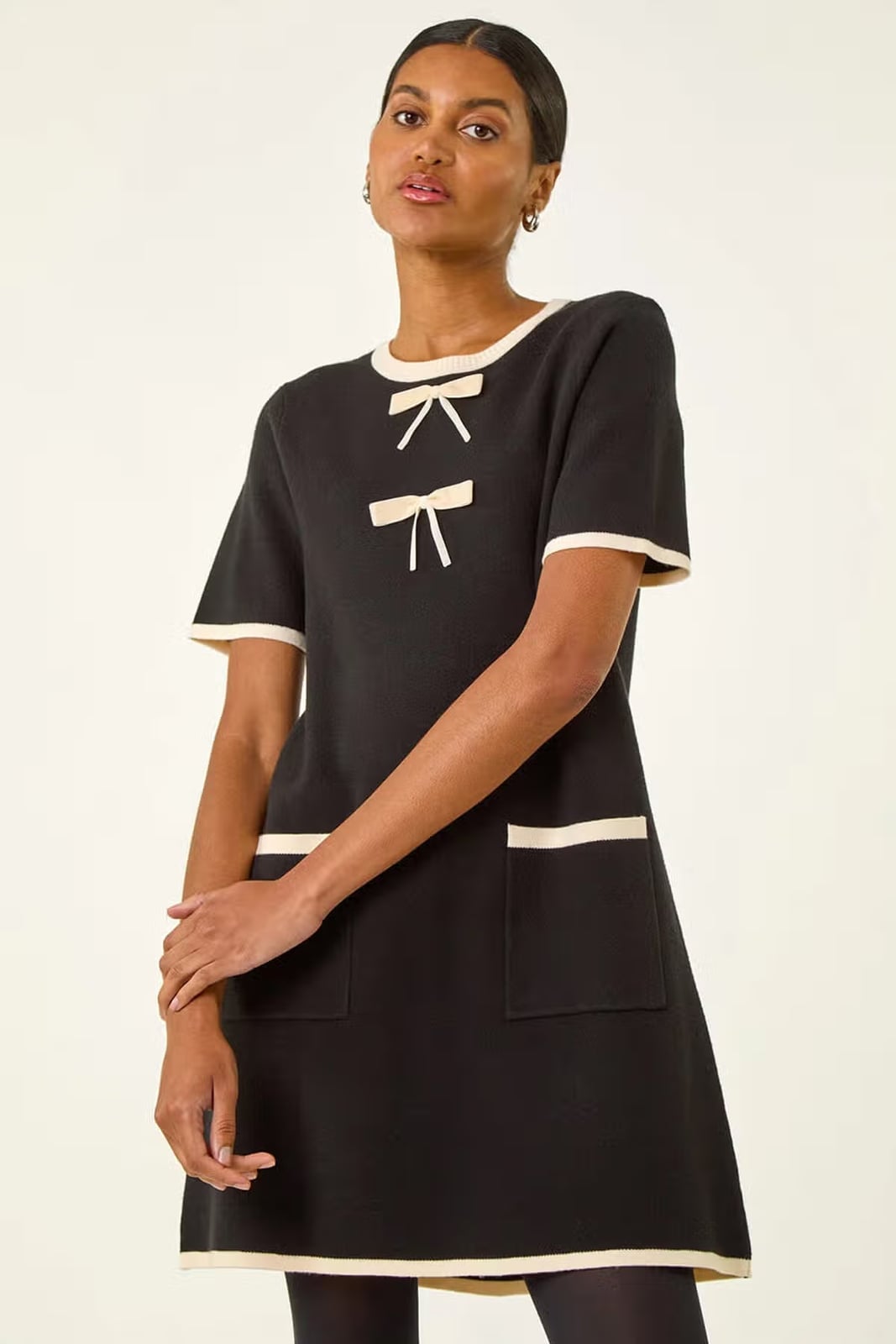 Black Knit Shift Dress with Cream Trim — Classy 60s Outfits