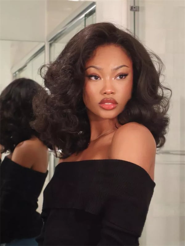 Shoulder Length Dark Curly Blowout Shoulder Length Dark Curly Blowout — Classy 90s Blowout Hair